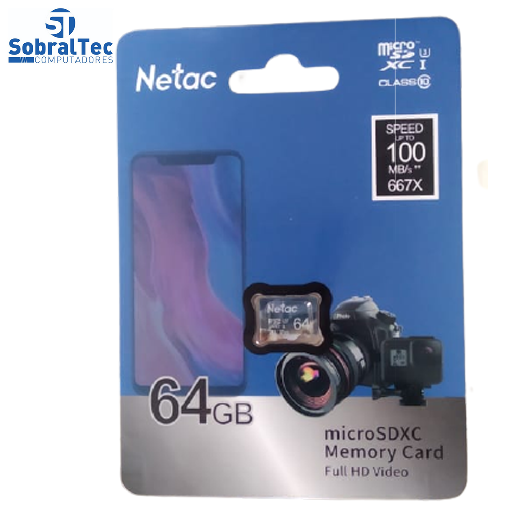 Cartão Micro SD Classe 10 U3 SDXC Netac 64Gb 100Mb/s De Leitura Com Adaptador SD