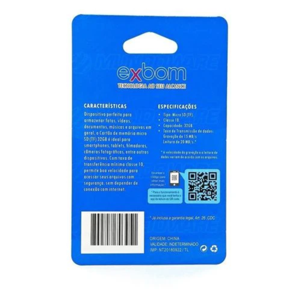 Cartão De Memória 32Gb Micro-SD Gravação 10MB/s Leitura 15MB/s Exbom STGD-TF32G