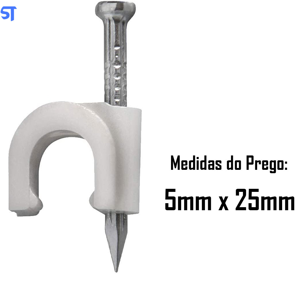 Pacote Fixa Fio Coaxial 8 Branco Com Prego 5mm x25mm Com 40 Peças