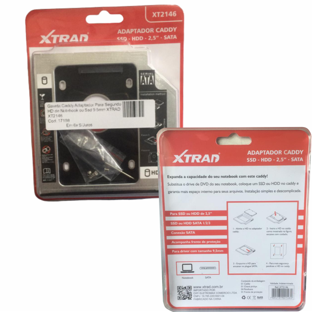 Gaveta Caddy Adaptador Para Segundo HD de Notebook ou Ssd 9.5mm XTRAD XT2146