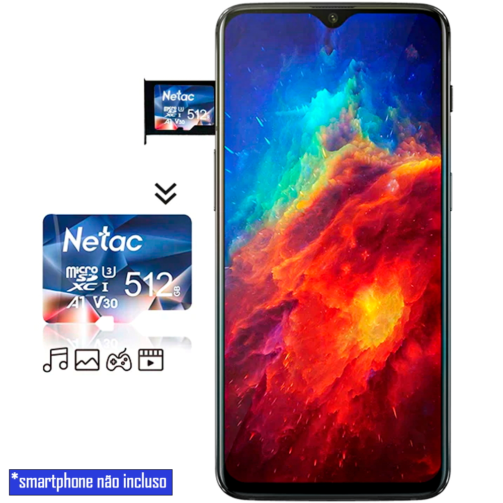 Cartão Micro SDXC 64Gb Classe 10 U3 A1- V30- 100Mb/s De Leitura Com Adaptador Netac