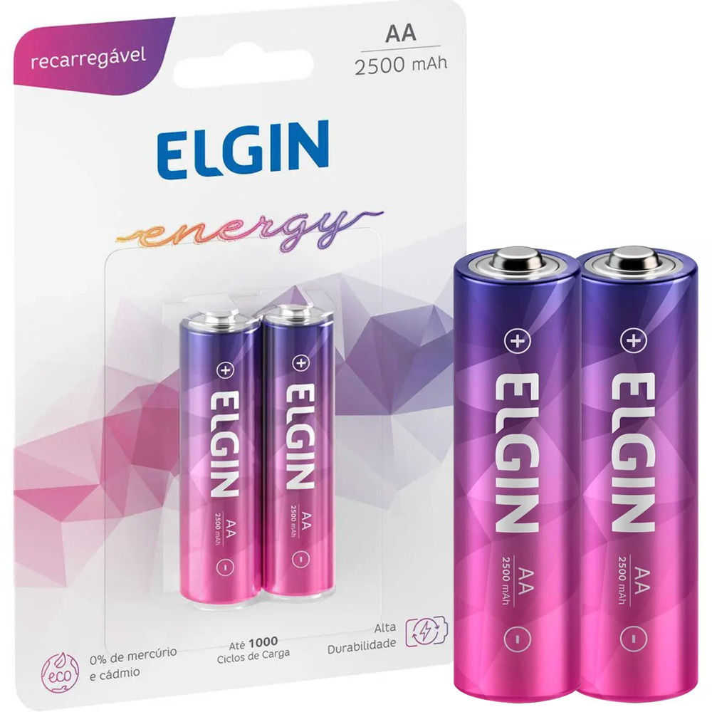 Pilha Recarregável AA - 1,2V 2500mAh Blister Com 2 Unidades Elgin ELE000000082172