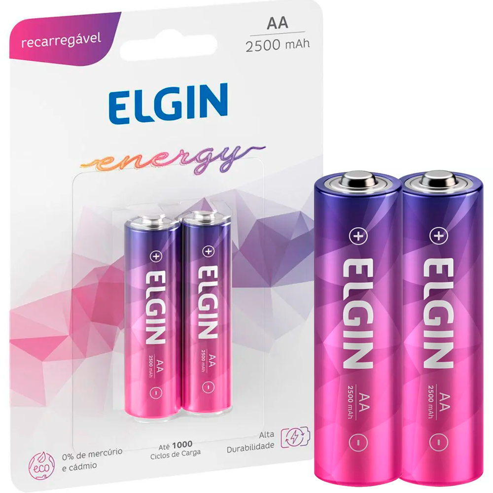 Pilha Recarregável AA - 1,2V 2500mAh Blister Com 2 Unidades Elgin ELE000000082172