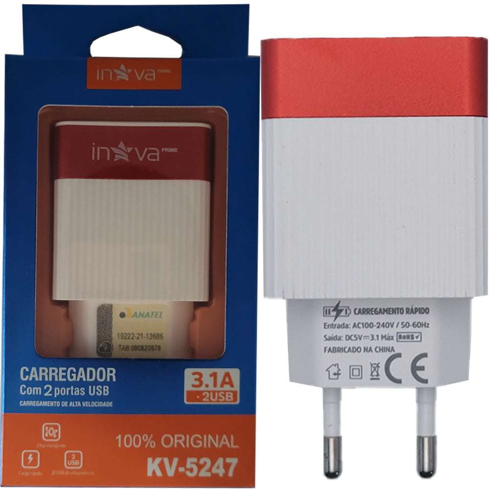 Fonte Carregador Rápido Com 2 Portas USB A 3.1A Inova Branco Com Vermelho - KV-5247