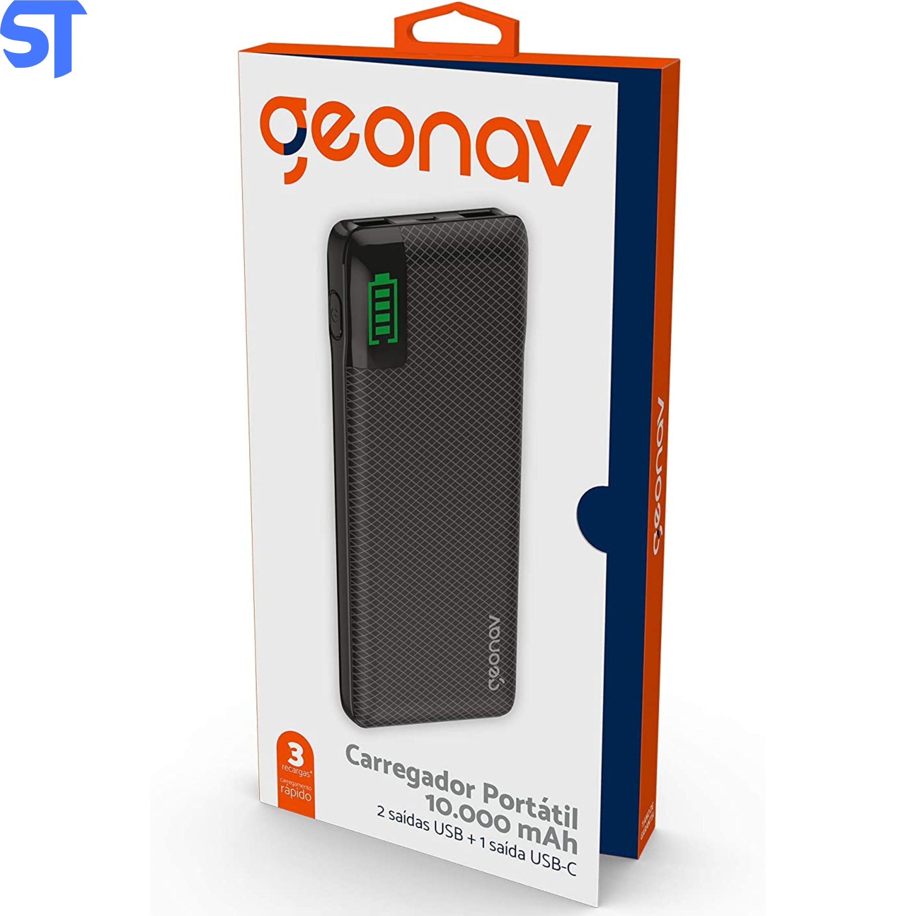 Carregador Portátil Universal 10.000mAh, 2 portas USB + 1 porta USB-C PB10KBK Preto - Geonav