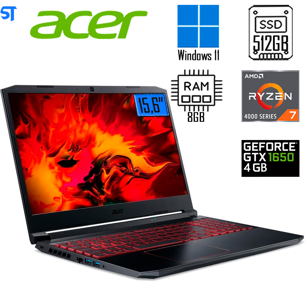 Notebook Gamer Acer Nitro 5 AN515-44-R4KA, AMD R7 4800H, 8GB, 512GB SDD, (GTX 1650 com 4 GB) Windows11. 15,6” LED FHD IP