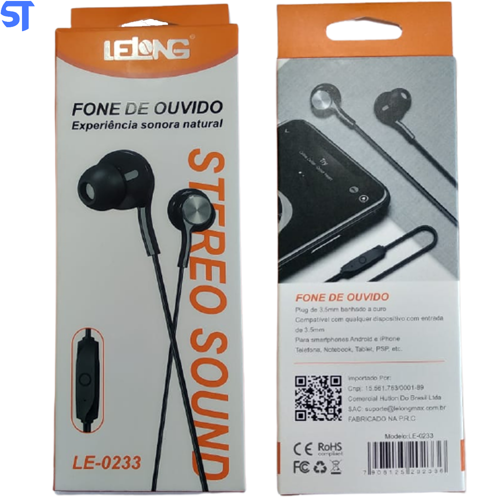 Fone De Ouvido Stereo Lelong Preto Com Borrachinhas Extras - LE-0233