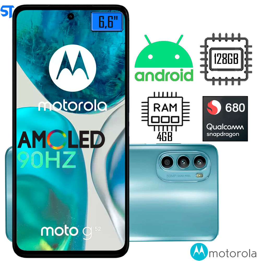 Smartphone Motorola Moto G52, 128GB, Azul, 4G, Tela 6,6" AMOLED 90Hz, Câmera Tripla 50MP, Selfie 16MP, Android