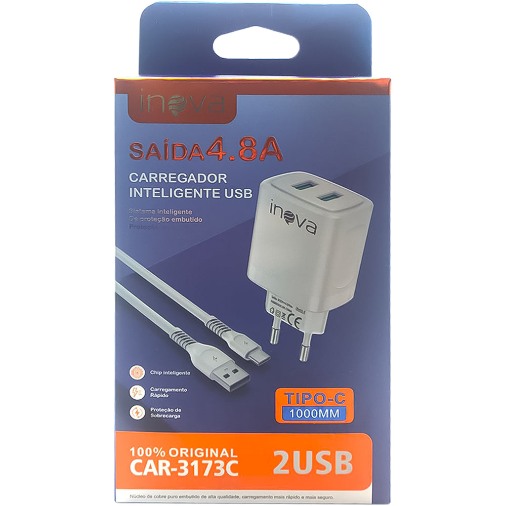 Carregador Rápido Tipo C Com 2 Portas USB 4.8A com Carregamento Inteligente Inova Branco- CAR-3173C