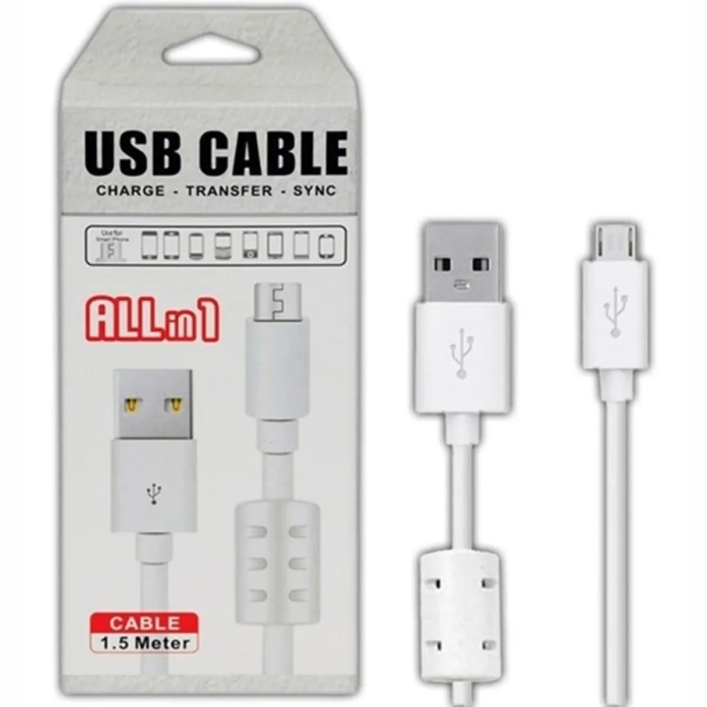 Cabo Usb 2.0 Branco Carga/Dados V8 All In 1 Filtro 1,5Mt 30V 1.5A Ks-u303