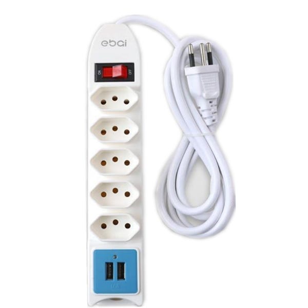 Filtro de linha Ebai FZ-8205 com 5 Tomadas e 2 USB Bivolt 2Metros Branco