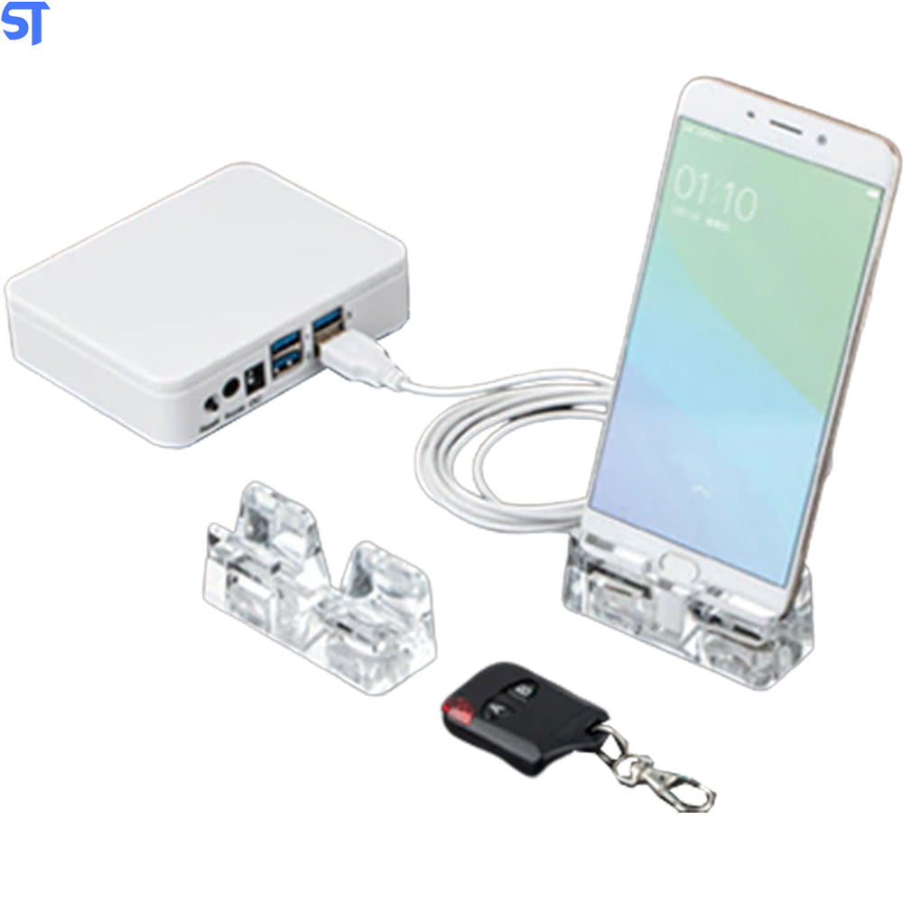 Sistema De Segurança Com 4 Portas USB Para Exposição De Smartphone Entrada Lightning  Com Suporte De Acrílico