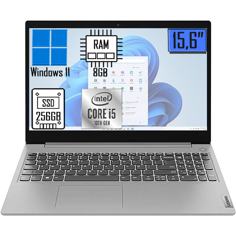 Notebook Lenovo Ultrafino IdeaPad 3i Intel Core i5-10210U, 8GB, SSD 256GB, Windows 11, 15.6, Prata - 82BS000GBR
