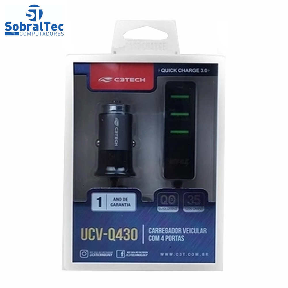 Carregador USB Veicular Com 4 Usb QC3.0 3,4a Ucv-Q430bk C3tec