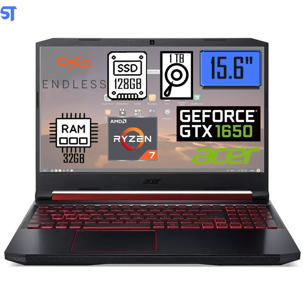 Notebook Gamer Acer Nitro 5 AN515-43-R4C3 - Ryzen 7 3750H - GTX 1650 - RAM 32GB - SSD 128GB + HD 1TB - Tela 15.6