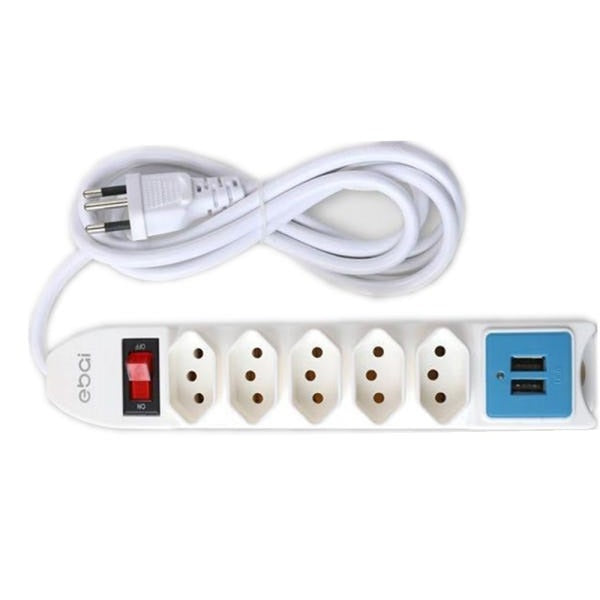Filtro de linha Ebai FZ-8205 com 5 Tomadas e 2 USB Bivolt 2Metros Branco