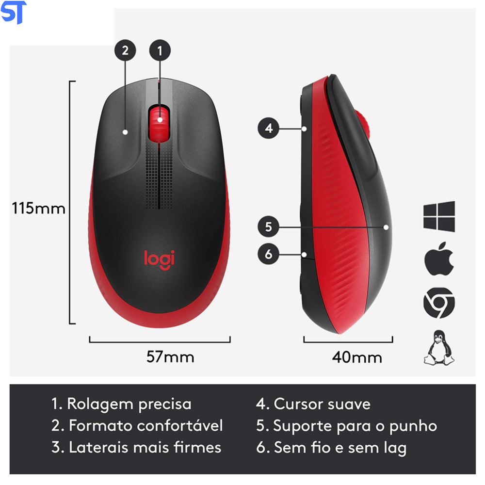 Mouse sem fio Logitech M190 com Design Ambidestro de Tamanho Padrão, Conexão USB e Pilha Inclusa - Vermelho