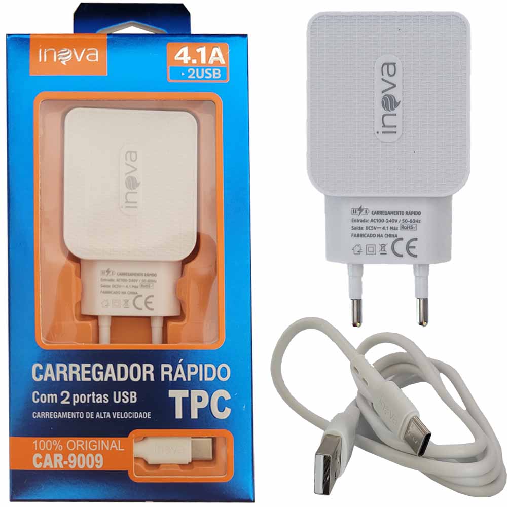 Carregador Rápido Tipo C Com 2 Portas USB A 4.1A Inova Branco - CAR-9009