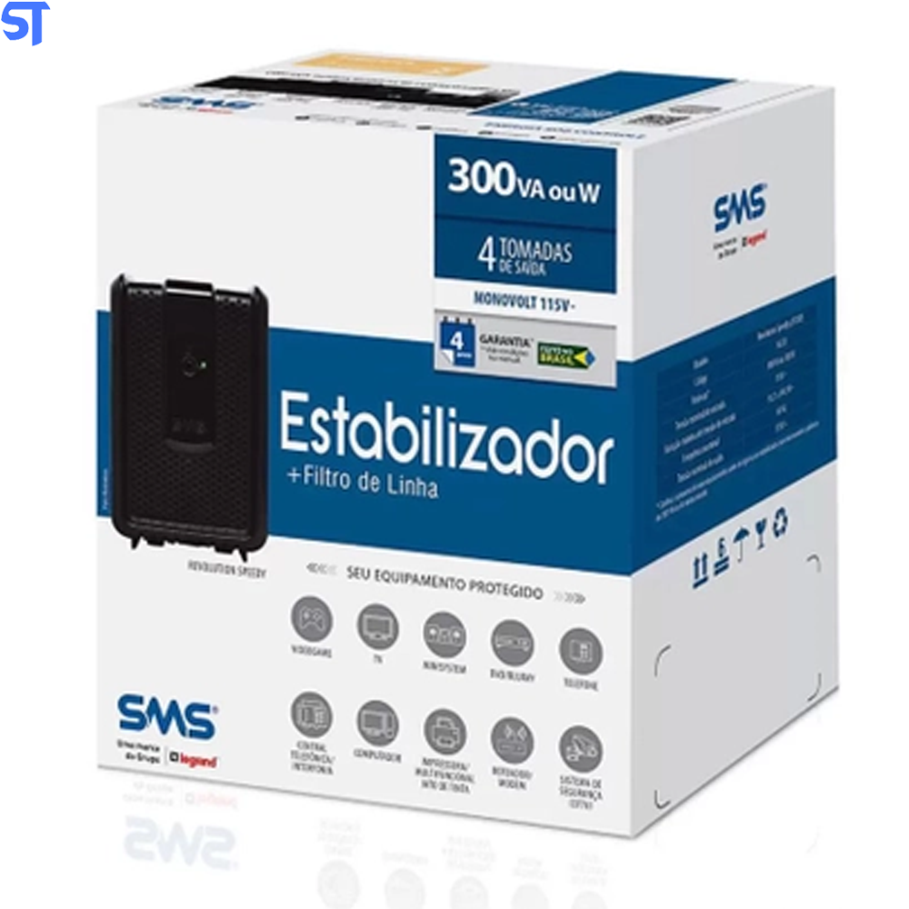 Estabilizador SMS Revolution Speedy 300VA, Entrada e Saída de 115V, 4 Tomadas - USP300S