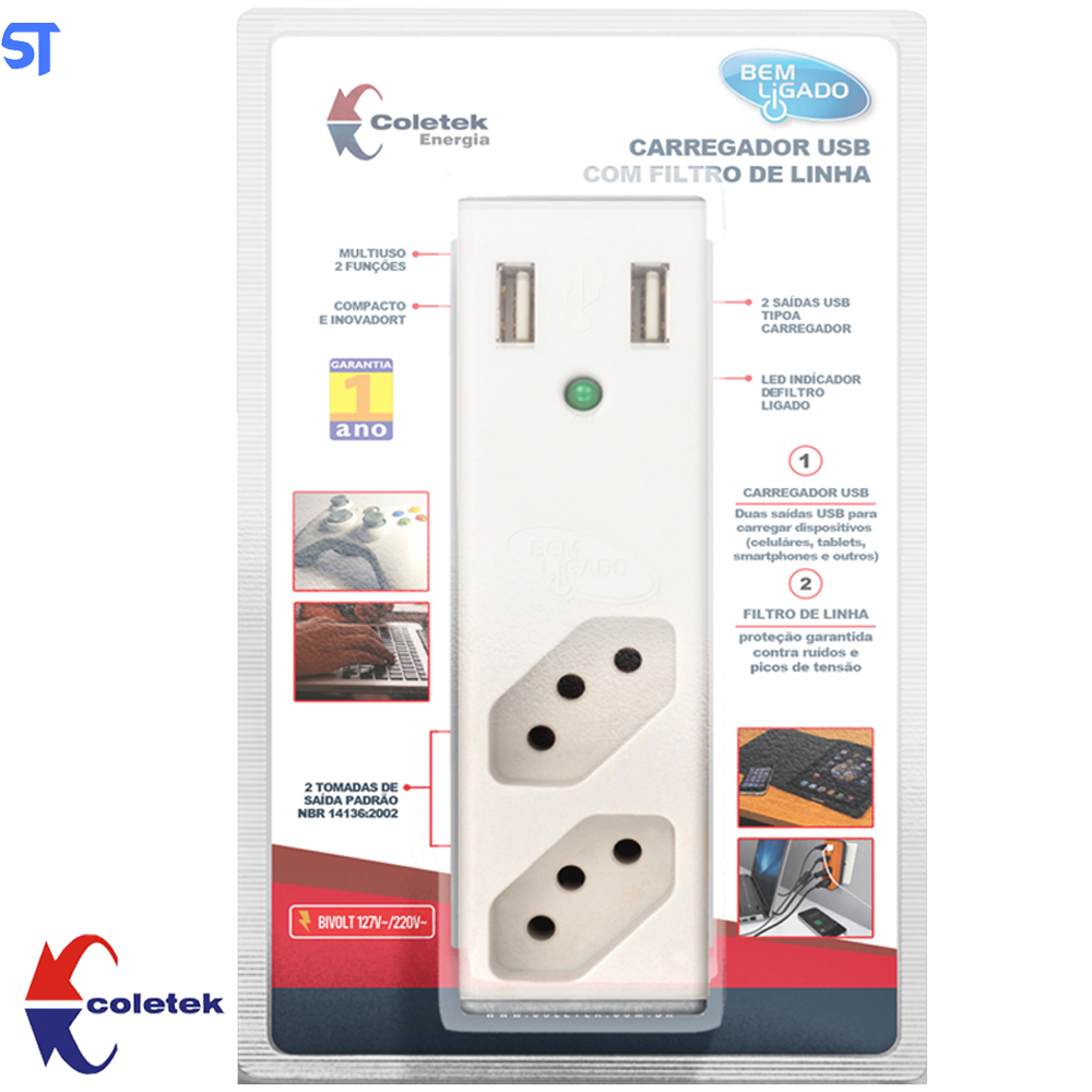Filtro de Linha 2Tomadas Com Carregador Usb, 2 Usb 2,1A / Bem Ligado, Branco Coletek Fl-Usb21Gwh