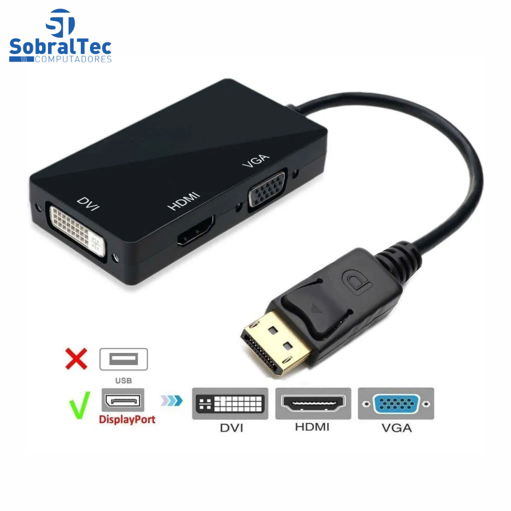 Conversor 3 em 1 Displayport  para Hdmi DVi Vga Cabo 25Cm