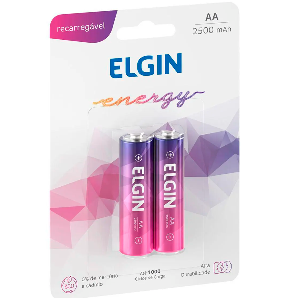 Pilha Recarregável AA - 1,2V 2500mAh Blister Com 2 Unidades Elgin ELE000000082172