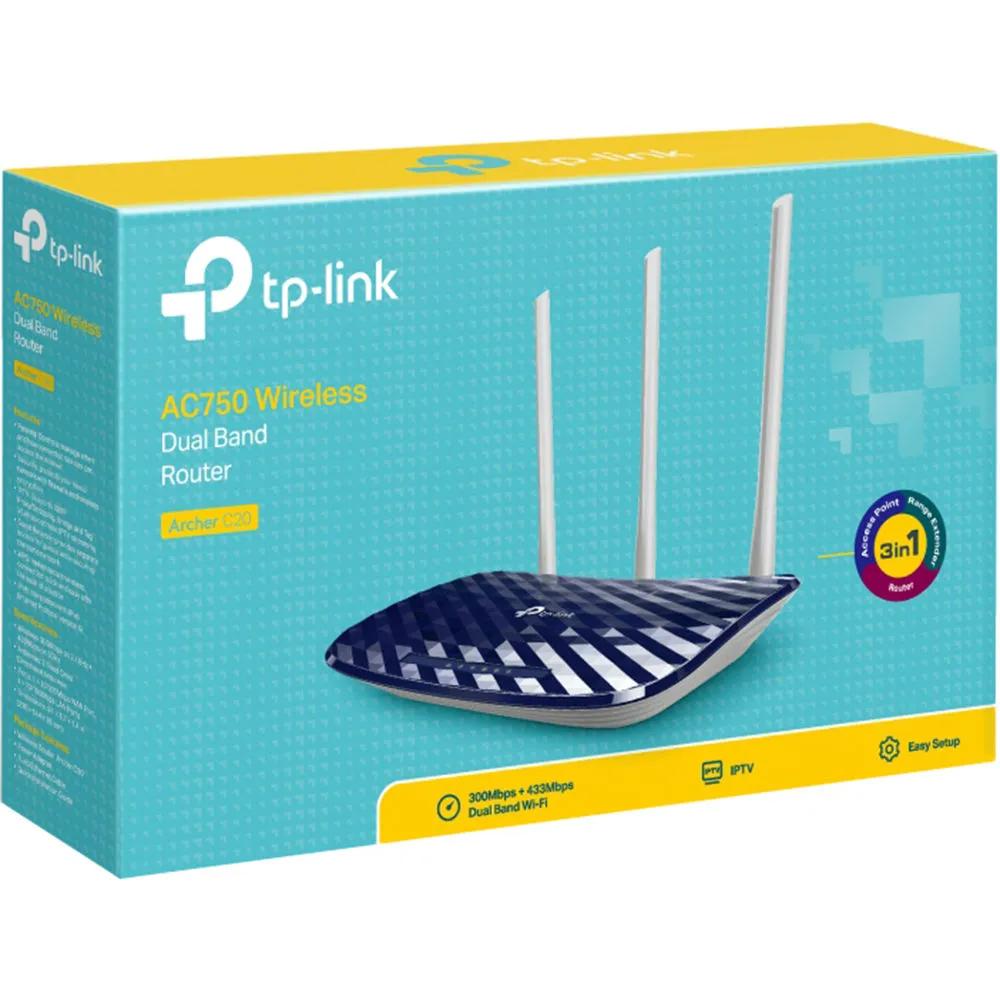 Roteador TP-Link Archer C20-W Preset, Dual Band AC750Mbps, 3 Antenas - C20-W