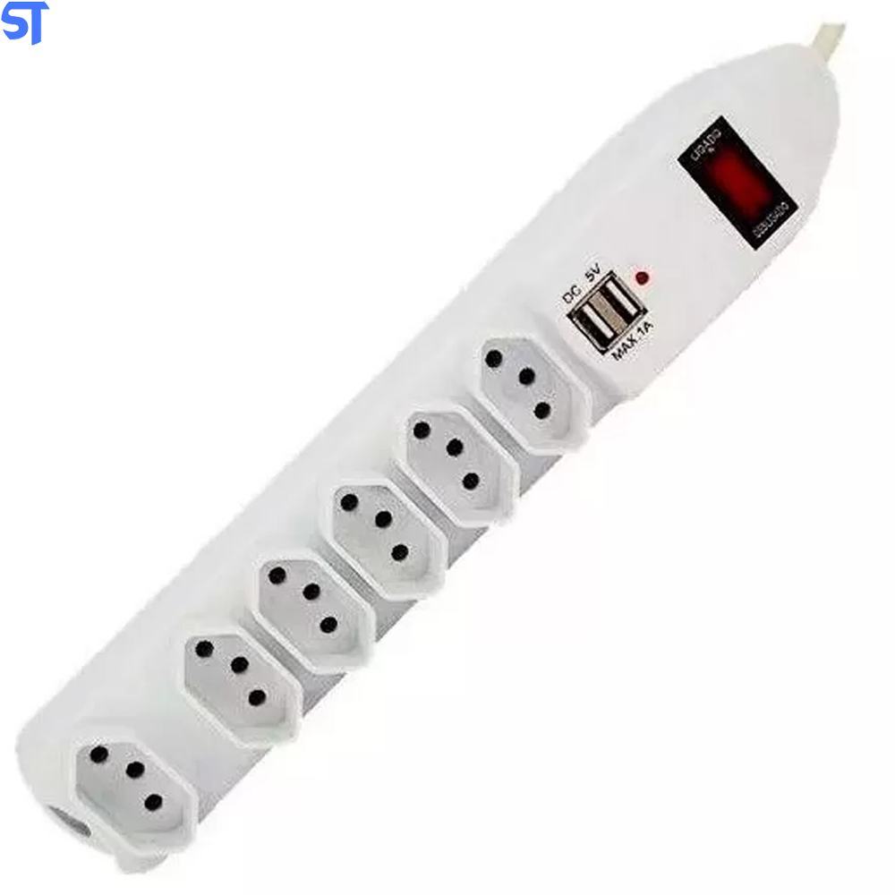 Filtro De Linha Protetor Eletrônico 6 Tomadas 1,5 Metro Fusível 2 Usb Para Celular Knup SL7906