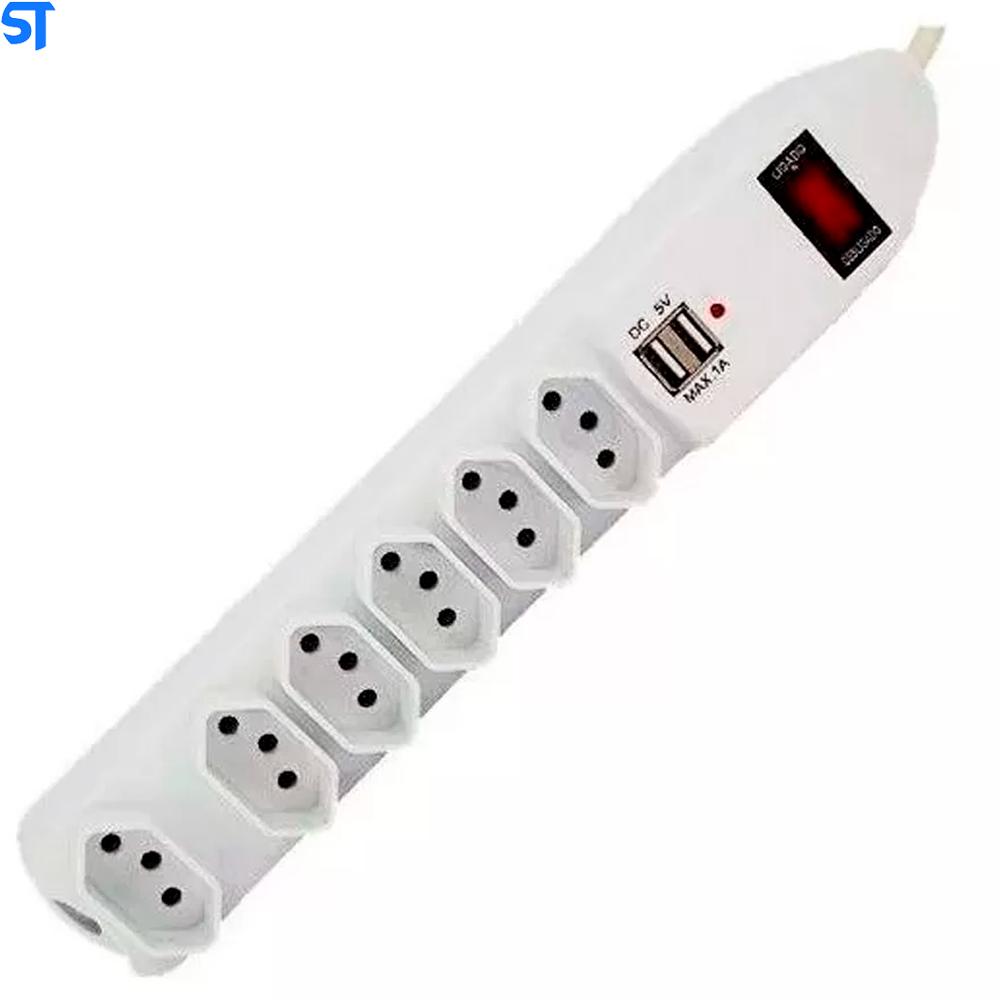Filtro De Linha Protetor Eletrônico 6 Tomadas 1,5 Metro Fusível 2 Usb Para Celular Knup SL7906