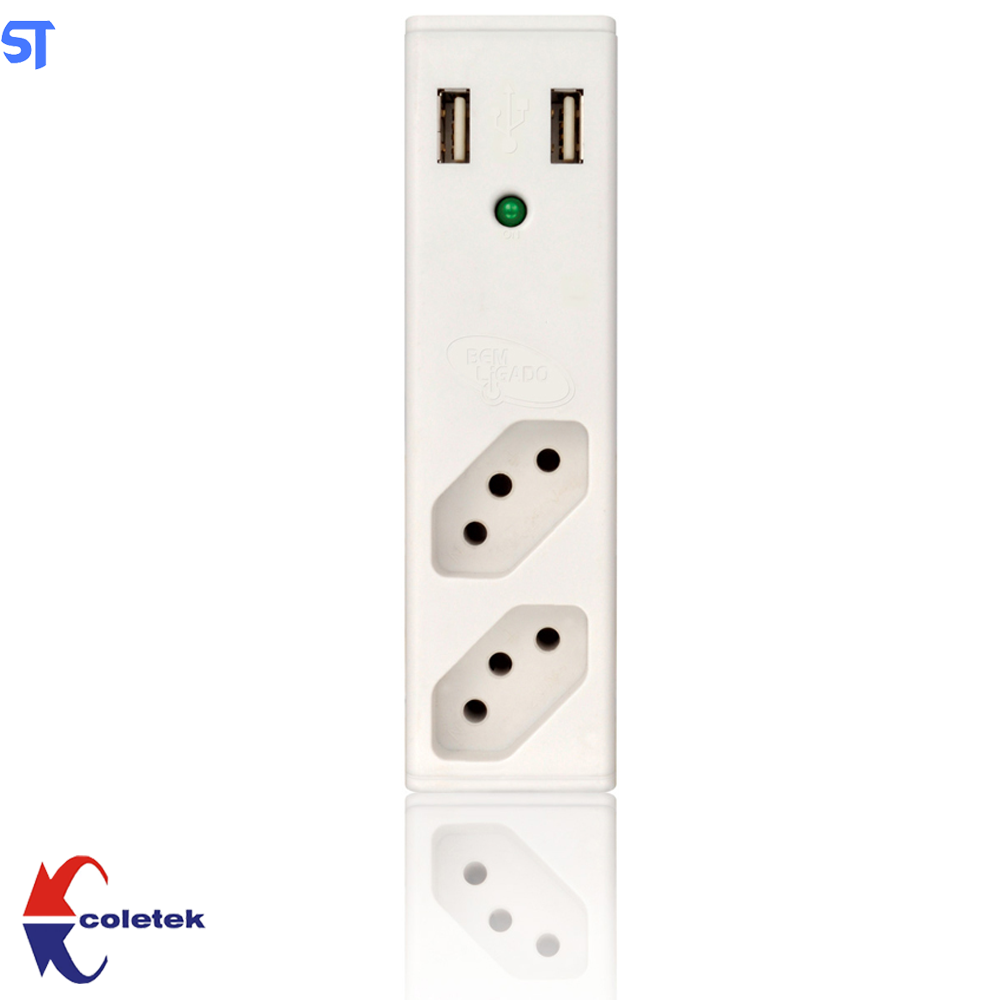 Filtro de Linha 2Tomadas Com Carregador Usb, 2 Usb 2,1A / Bem Ligado, Branco Coletek Fl-Usb21Gwh