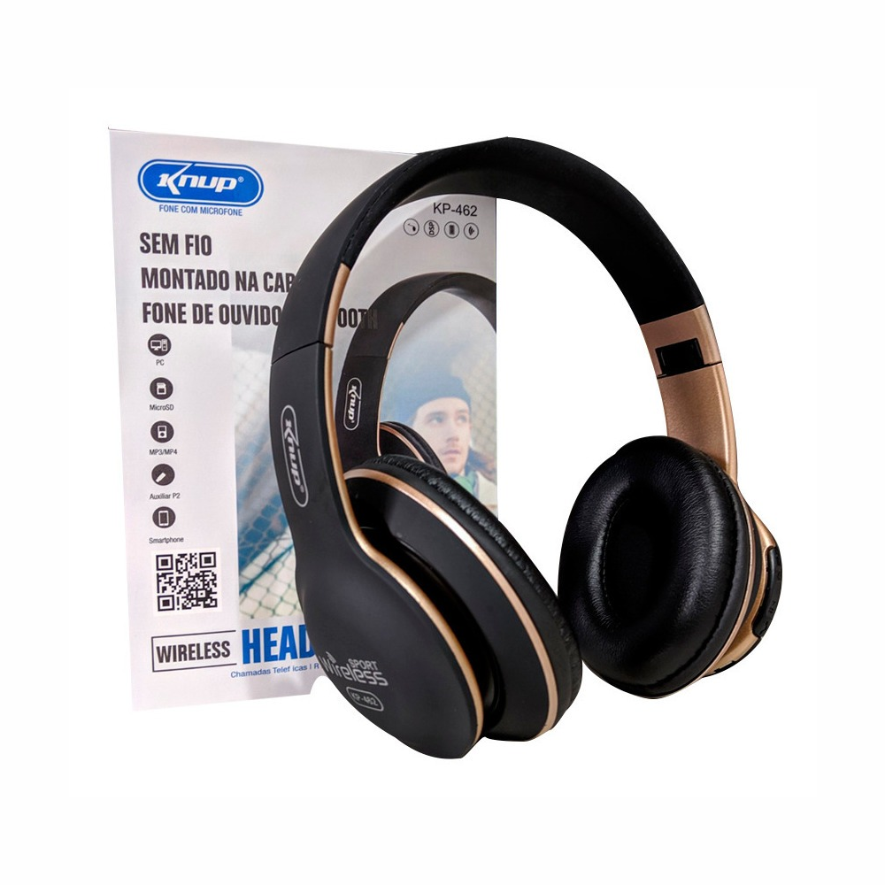 Fone De Ouvido Wireless, Bluetooth E Cabo Knup Kp-462 Com Entrada Sd Card