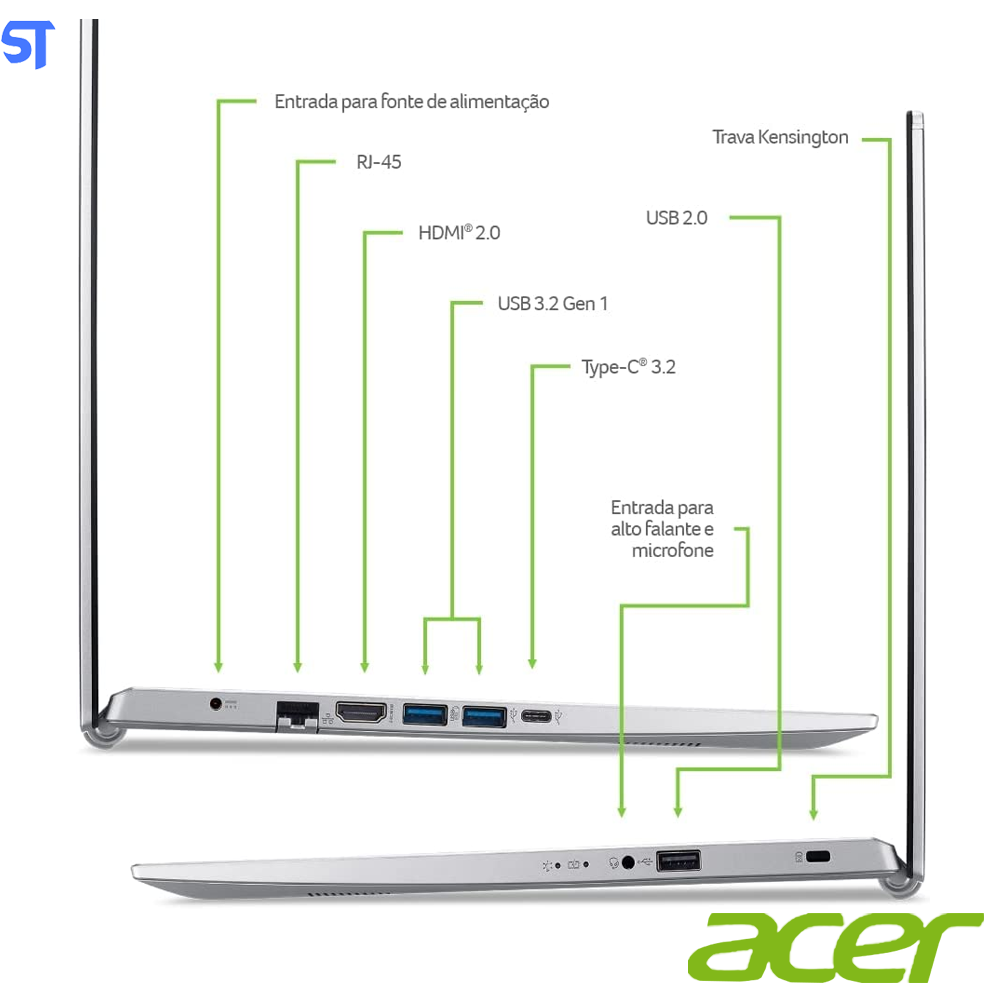 Notebook Acer Aspire 5 A515-56-32PG, Intel Core I3 11ª geração, 4GB, 256GB SDD, Windows11, Prata