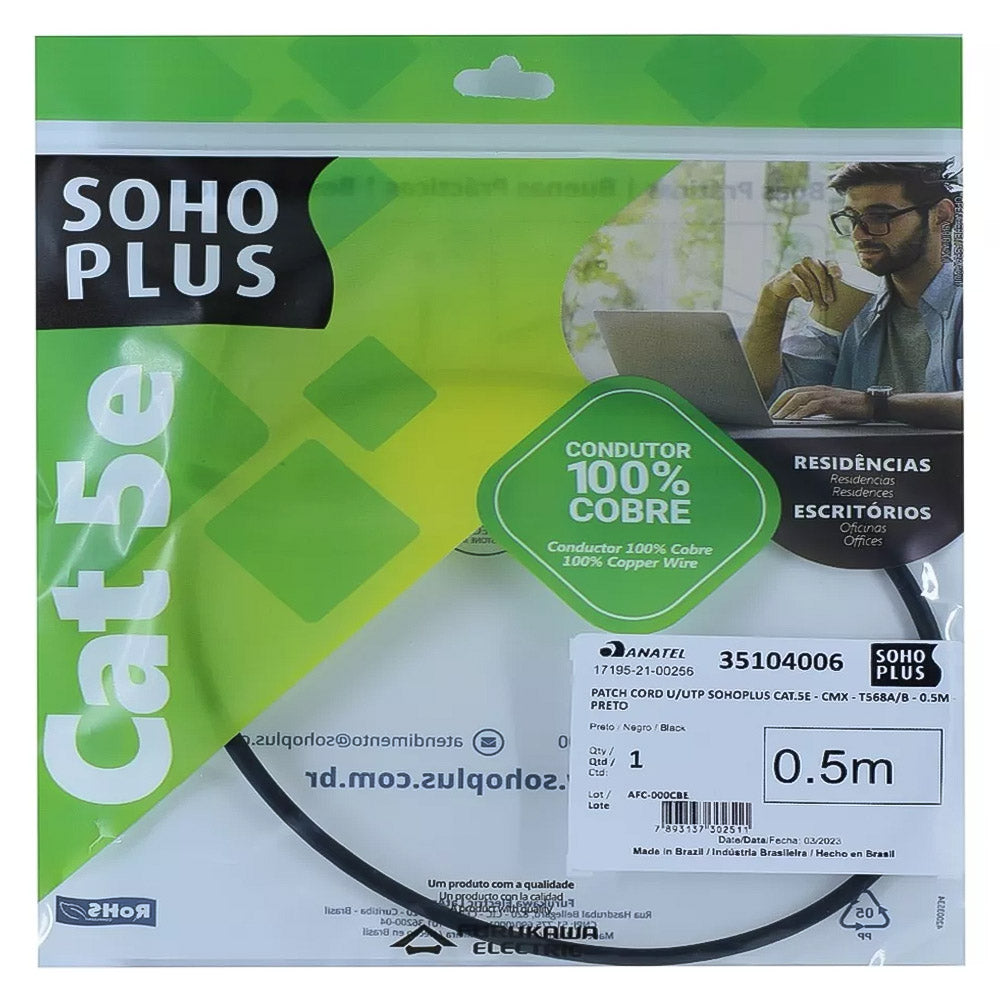 Cabo de Rede CAT.5e 0.5 Metro U/UTP SohoPlus Rj-45 T568A/B  Preto 35104006