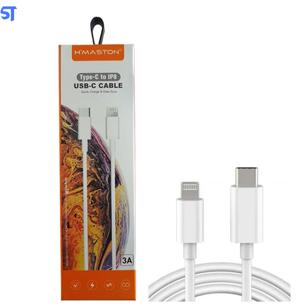 Cabo de Dados USB C Para Lightning H'maston 3A Carga Rápida 1 Metro