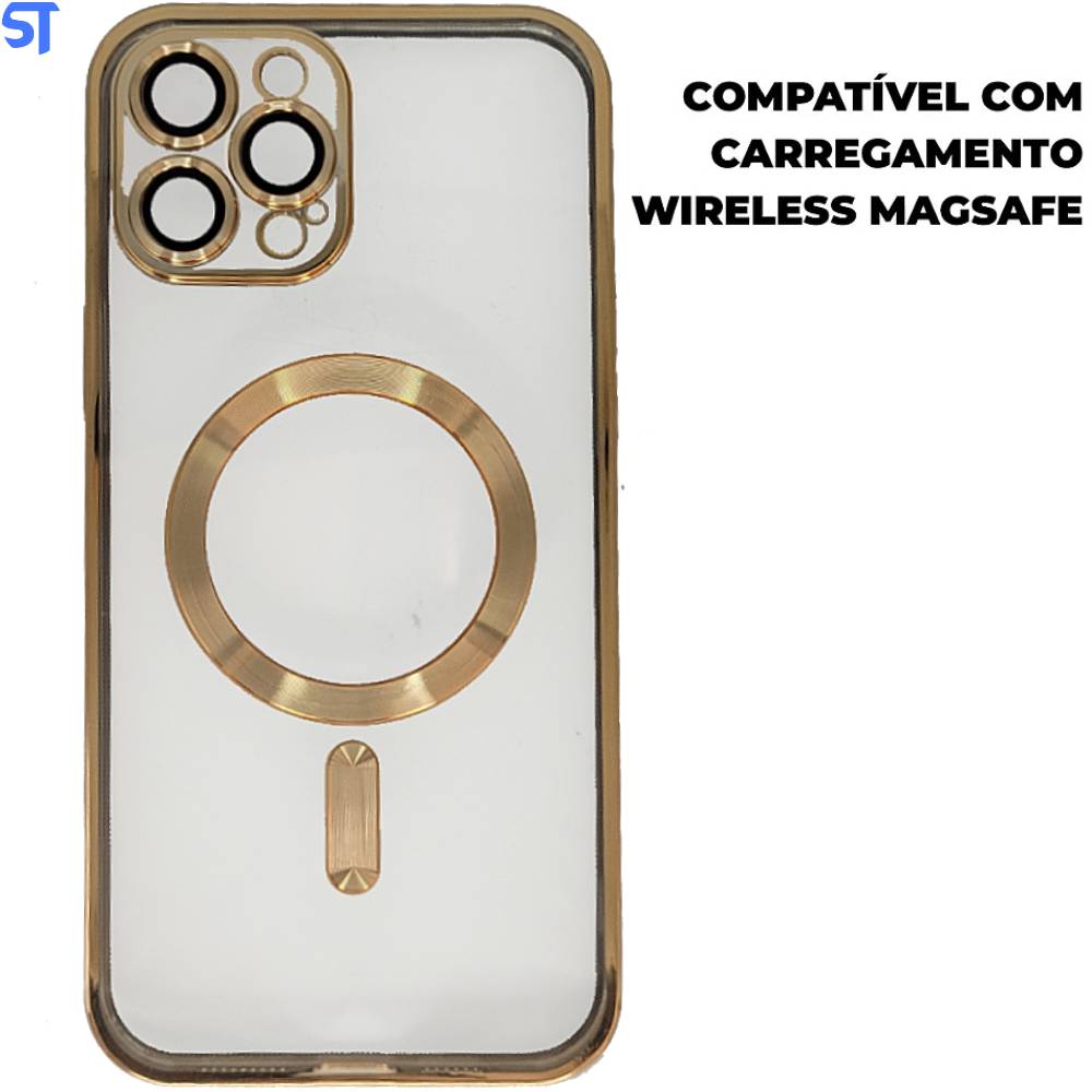 Capa Transparente Com Carregamento Magnetico Para iPhone 12 Pro Max - Dourado