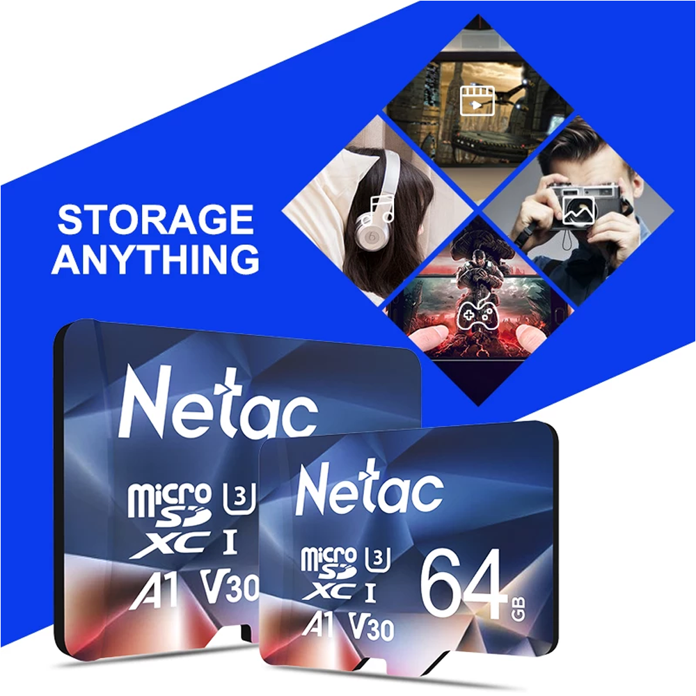 Cartão Micro SDXC 64Gb Classe 10 U3 A1- V30- 100Mb/s De Leitura Com Adaptador Netac