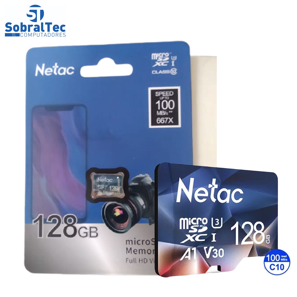 Cartão Micro SD Classe 10 U3 SDXC Netac 128Gb 100Mb/s De Leitura