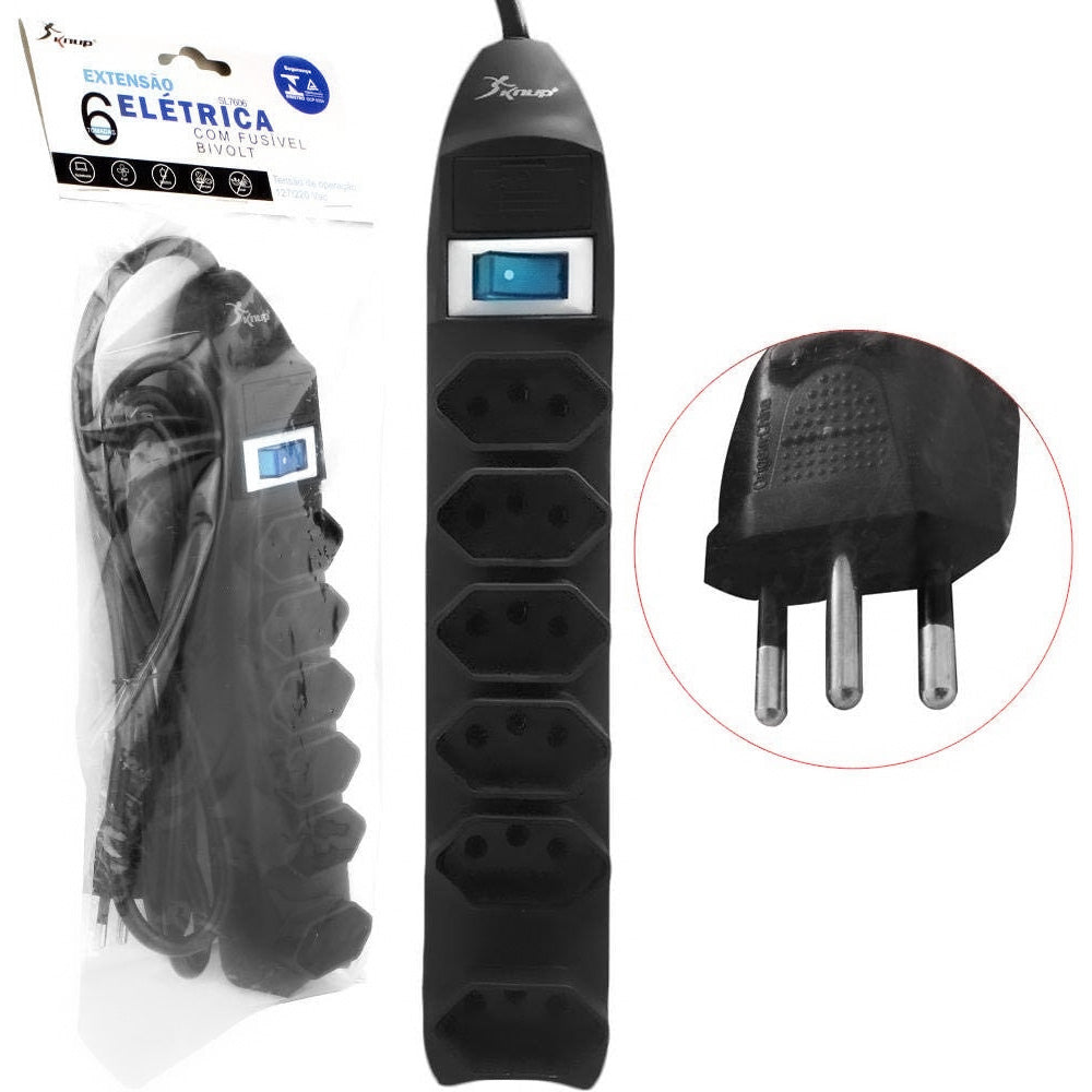 Extensão Elétrica Com Fusível de 6 Tomadas Knup SL7606-3M Preto