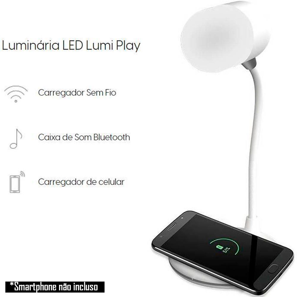 Luminária de Mesa Lumi Play LED Elgin 3 em 1 Luminaria Caixa Som e Carregador Sem Fio - Elgin - Branco