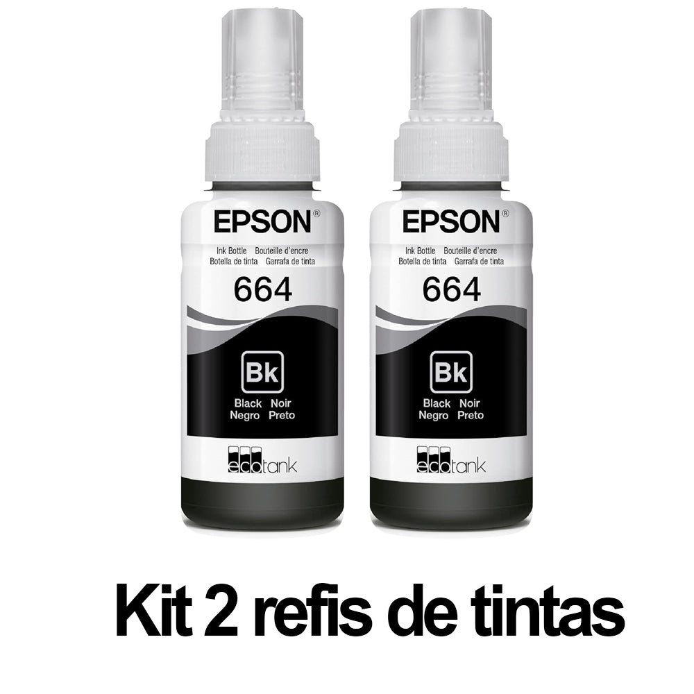 Kit 2 Refil de Tinta Epson 664 Preto T664120 AL Original - Rende até 4.000 Paginas Para Ecotank L110 / á L395 / L495