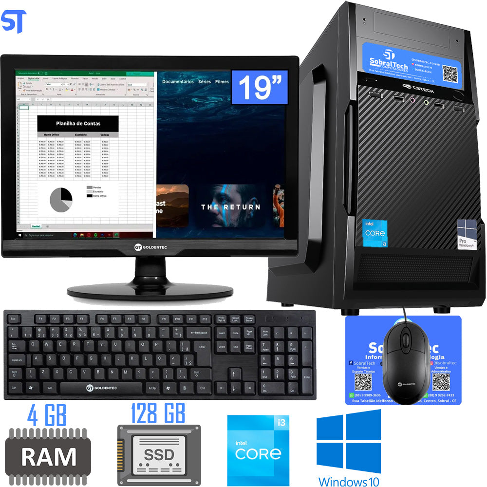 Computador Core i3-2100-HD SSD 120GB -Memória Ram 4GB- Com Monitor 19 HDMI- Teclado, Mouse e MousePad- Windows 10