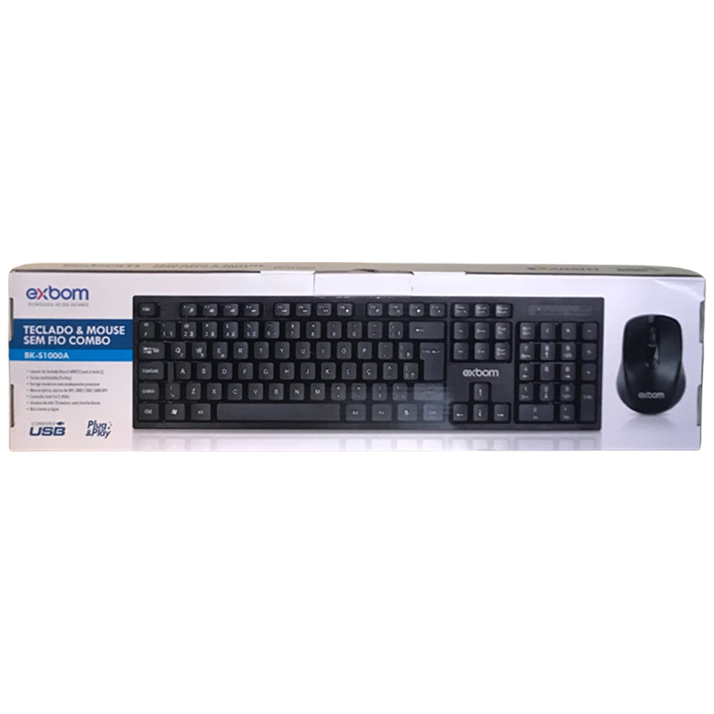 Teclado e Mouse Sem Fio Wireless ABNT II 2.4Ghz Multimídia Exbom BK-S1000A-04273 Preto