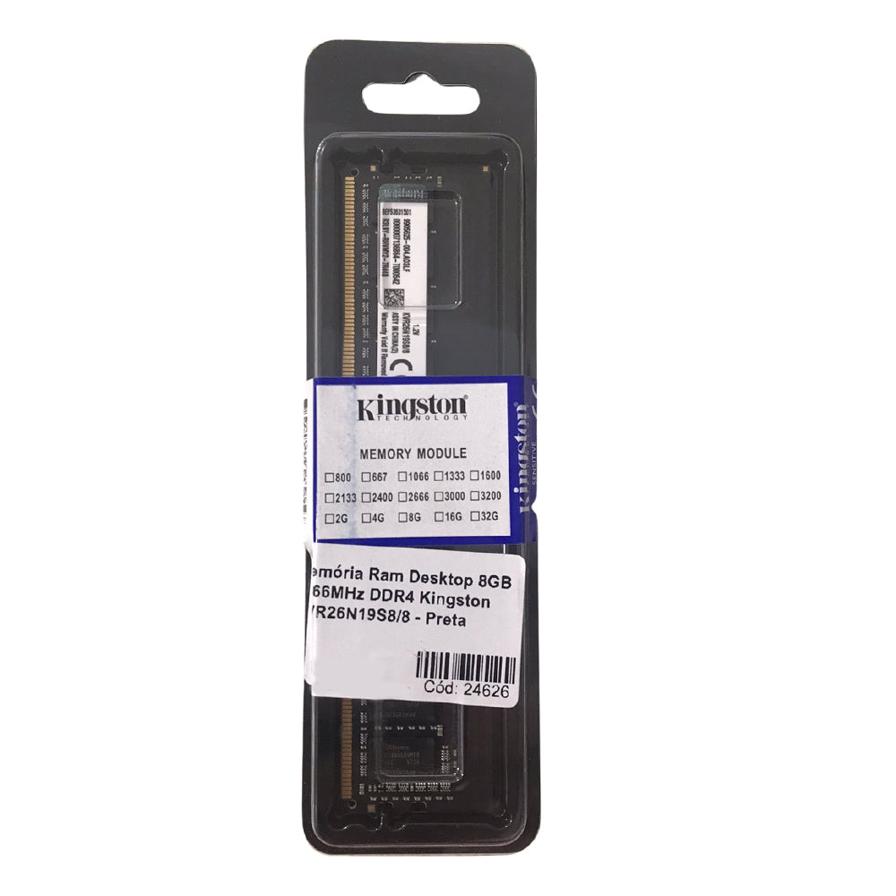 Memória Ram Desktop 8GB 2666MHz DDR4 Kingston KVR26N19S8/8  - Preta