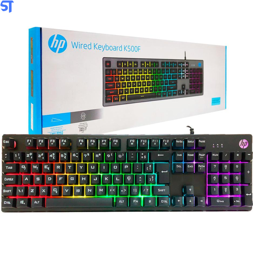 Teclado Gamer USB HP K500F LED RGB Teclas Multimídia ABNT2 Com Membrana - Preto