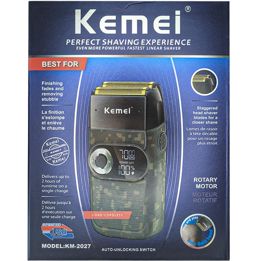 Barbeador Elétrico Masculino Á Prova D'água Remoção de Pelos Kemei 1400 mAh Com Duas Lâminas - KM-2027-Beard - Camuflado