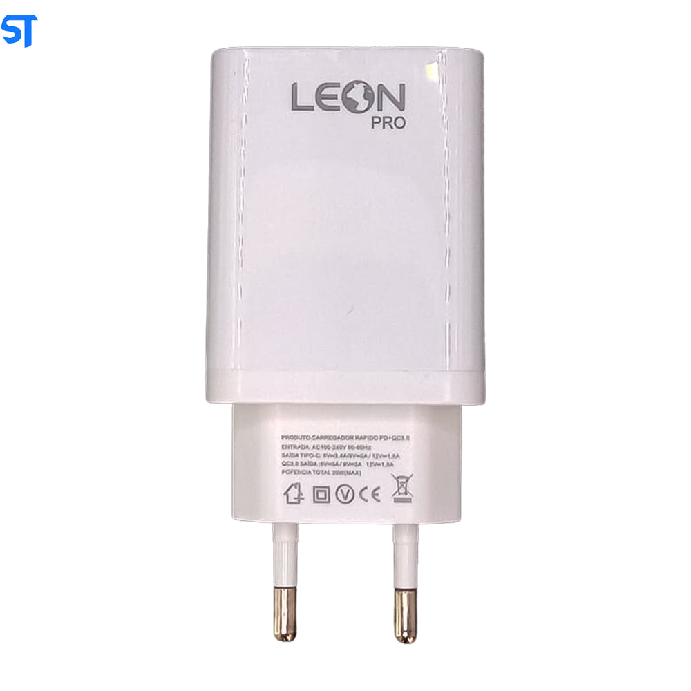 Fonte Carregador Rápido Com 1 Portas USB 3.0 e 1 Porta USB Tipo-C 3.1A Leon Pro Branco - 5040