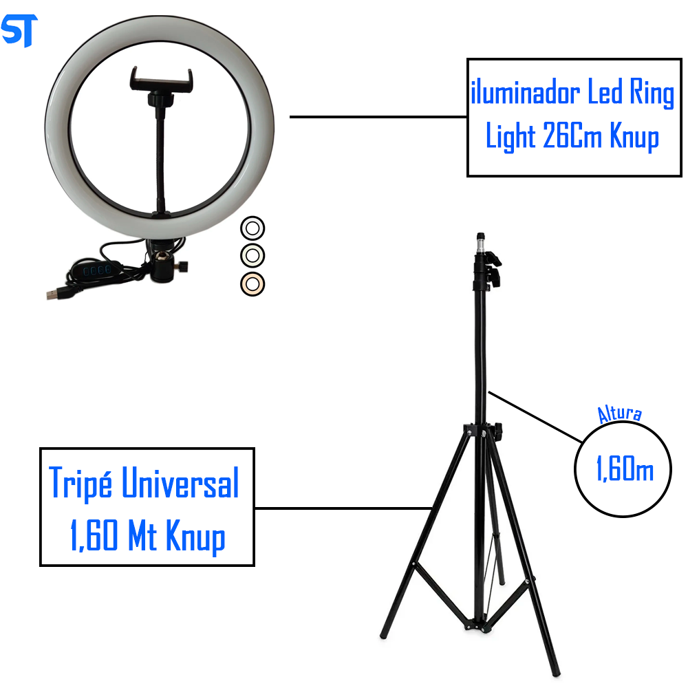 Kit Iluminador Led Ring Light 26Cm 35w Com Tripé Universal de 1,60 Mt