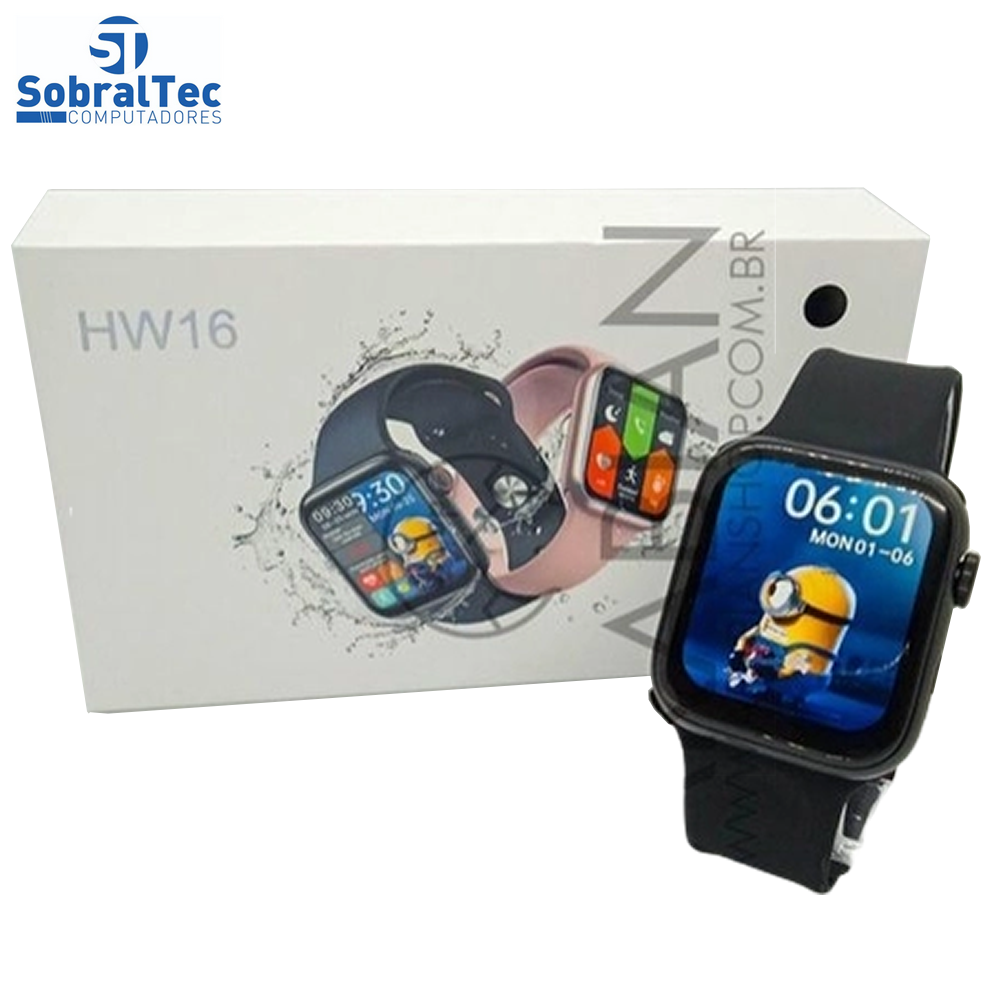 Relógio SmartWatch HW16 Preto 44mm Tela Infinita E Bracelete De Aço