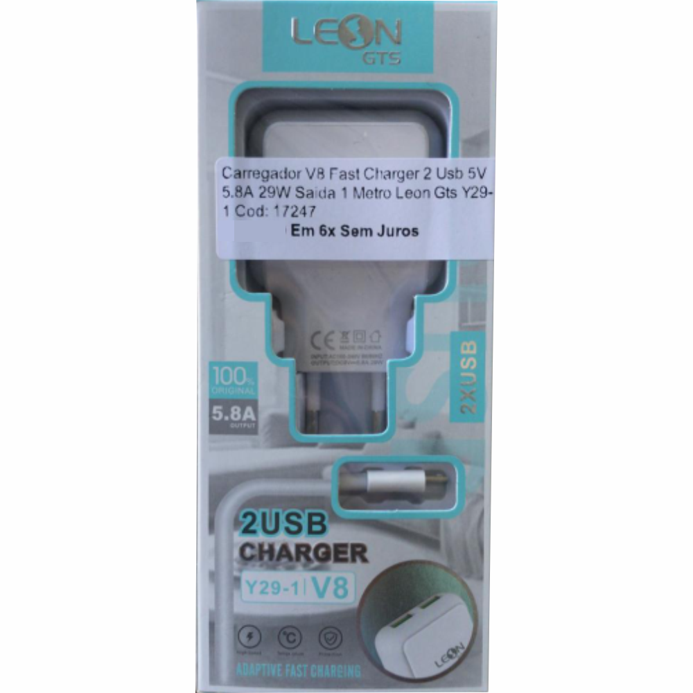 Carregador V8 Fast Charger 2 Usb 5V 5.8A 29W Saida 1 Metro Leon Gts Y29-1