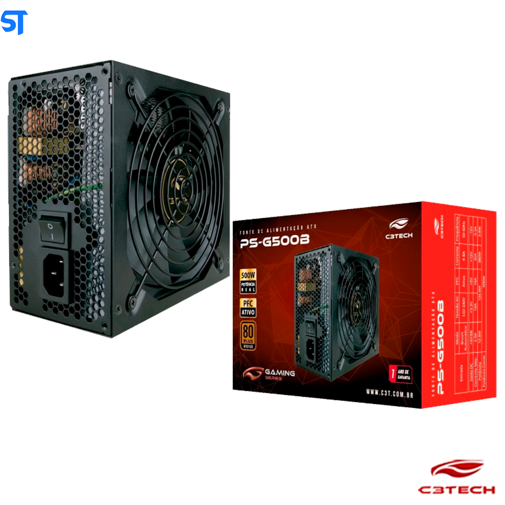 Fonte ATX Gamer Real 500W 80 Plus Bronze Series PFC Ativo PS-G500B C3Tech